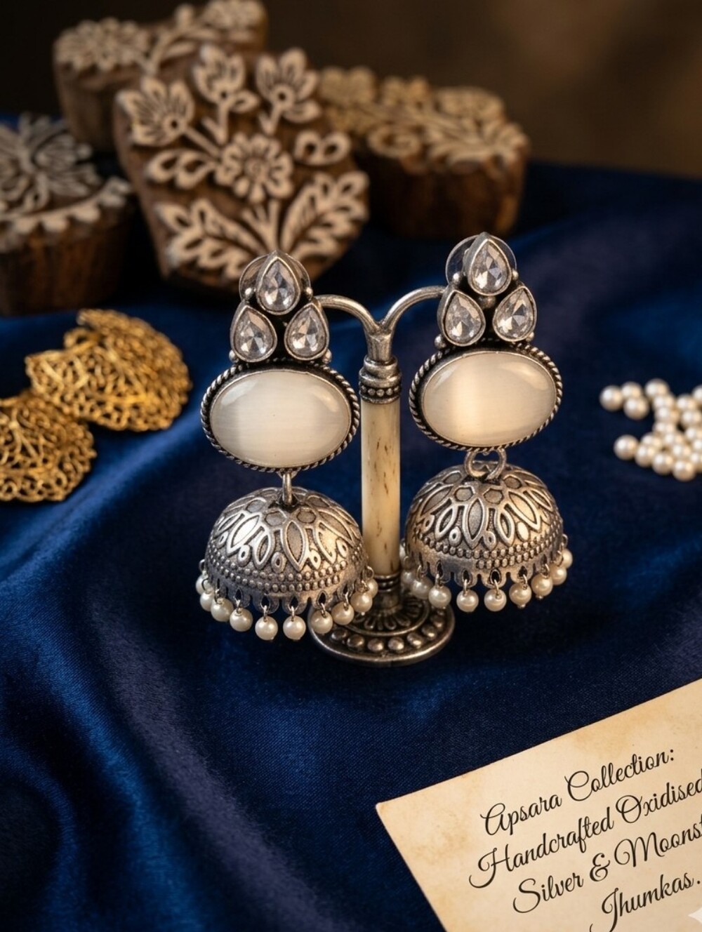 Oxidised Silver & Moonstone Jhumkas - White